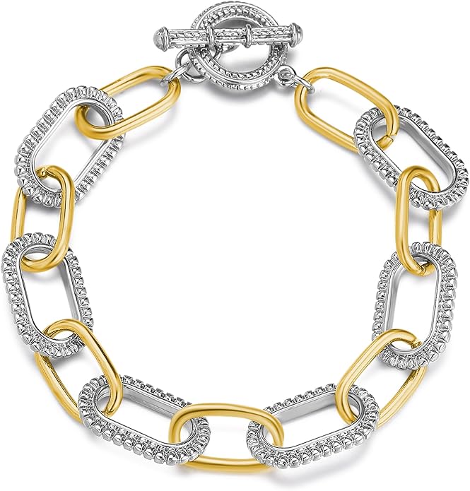 Mytys Link Bracelet for Women Gold and Silver 2 tone Circles Chain Wire Bangle Bracelets