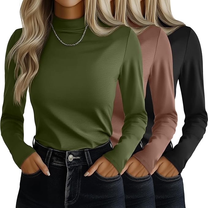 Ficerd 3 Pack Women's Mock Turtleneck Shirts, Long Sleeve Mock Neck Pullover Tops Slim Fitted Stretch Undershirt Tee Blouse