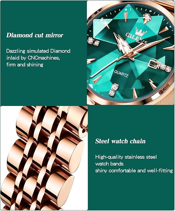 OLEVS Women Watches Simple Dress Ladies Watch Rose Gold Stainless Steel Watch Waterproof Quartz Date Luxury Diamond Small Wristwatch Fashion Analog Female Reloj Mujer Blue White Green Red Yellow Face