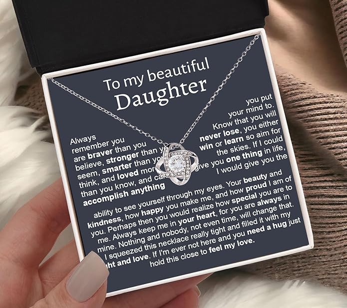 To My Beautiful Daughter Necklace, Daughter Necklace From Mom With Luxury Box, Daughter Gift From Mom, Daughter Birthday Gifts From Mom, Love Knot Necklace For Daughter, Mother Daughter Necklace