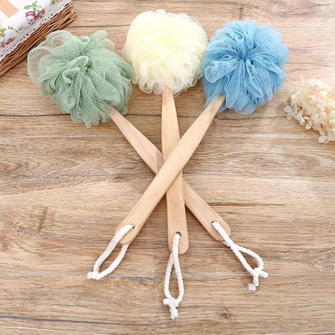 Shower Body Brush with Loofah and Long Handle for Exfoliating, Dry and Wet Brushing, Hanging Hole, Grey(Green)