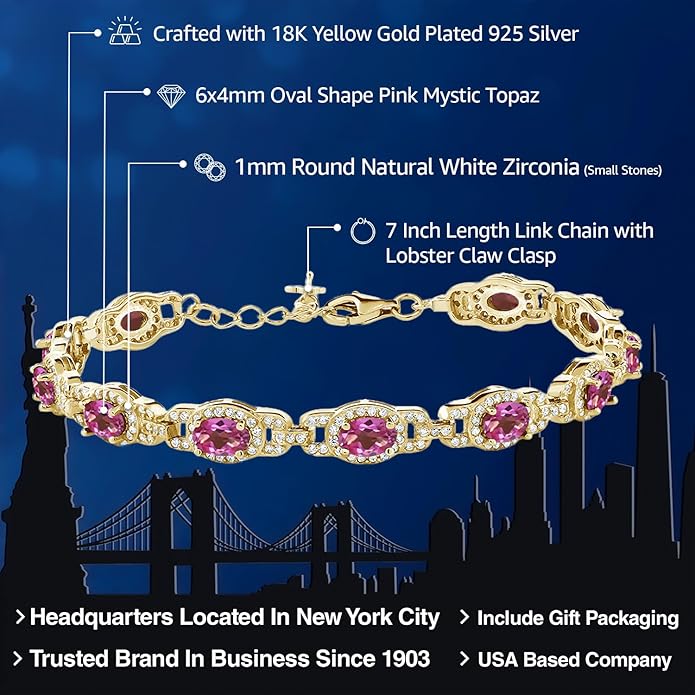 Gem Stone King 18K Yellow Gold Plated Silver Oval Gemstone Birthstone Tennis Bracelet For Women | Oval 6X4MM | 7 Inch With 1 Inch Extender | Fine Jewelry Gifts for Her Mom Women Wife