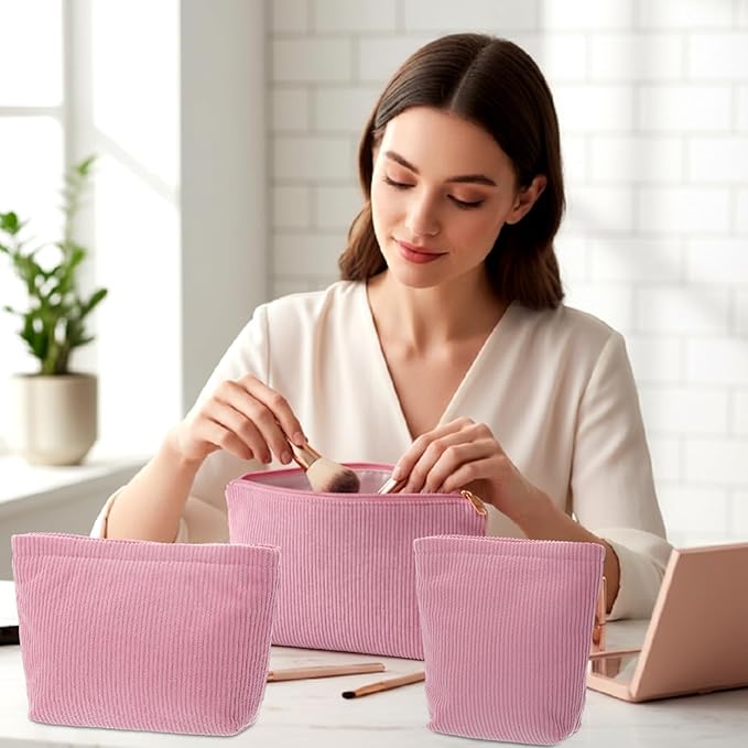 Sanwuta 3 Pack Corduroy Makeup Bag Set Cosmetic Toiletry Travel Pouch Organizer Velvet Makeup Bag for Women Large Pouch Zipper Purse Make up Organizer, Women Girls Gift(Peach Pink)
