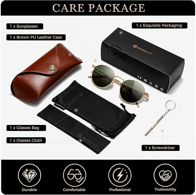 SUNGAIT Ponderable Metal Round Sunglasses for Men Women Classic Vintage Polarized Circle Sun Glasses