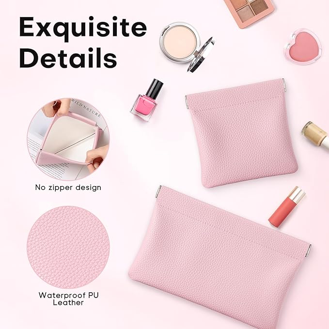 Sightor Leather Pocket Cosmetic Bag for Purse, 2 Pack Small Makeup Bag for Women Coin Purse Lipstick Cosmetic Accessories Organizer Travel Cosmetic Pouch (Pink)