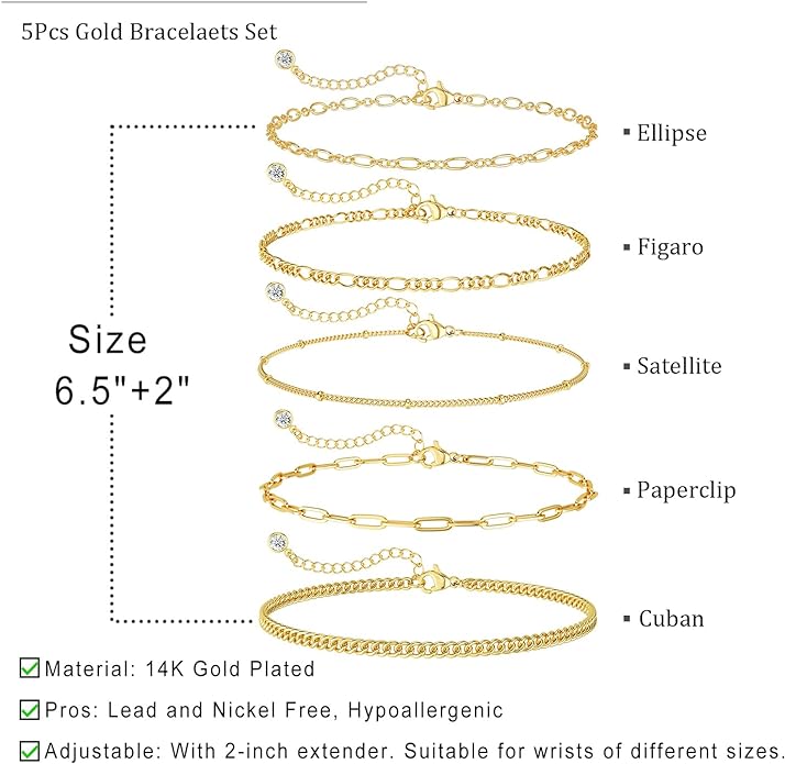DEARMAY Gold Bracelets for Women Waterproof, 14K Gold Plated Jewelry Sets Trendy Thin Dainty Stackable Cuban Link Paperclip Chain Bracelet Pack Fashion Accessories Gifts for Womens