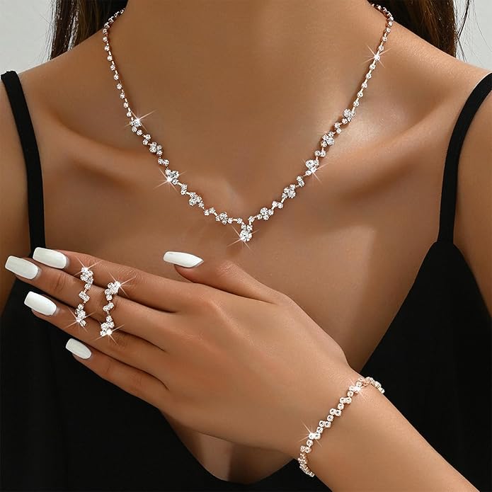 Wedding Jewelry Sets for Brides Silver Rhinestone Necklaces Earring Bracelet Set Wedding Sets for Women Prom Jewelry Sets for Women