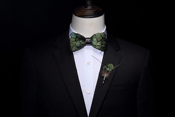 RBOCOTT Handmade Feather Pre-tied Bow tie and Brooch Sets for Men