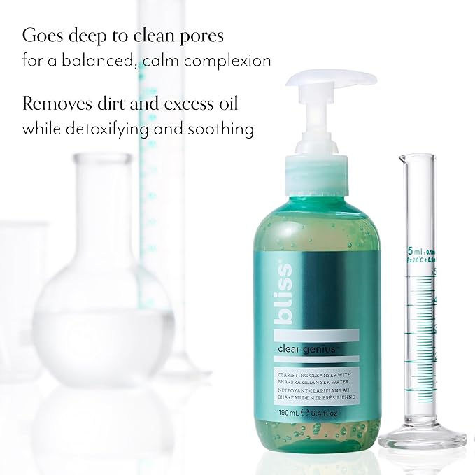 Bliss Clear Genius Clarifying Gel Cleanser – 6.4 Fl Oz – Salicylic Acid BHA to Purify Pores, Remove Excess Oil & Dirt – Non-Drying, Vegan & Cruelty-Free – Tea Tree Scent – Suitable For All Skin Types
