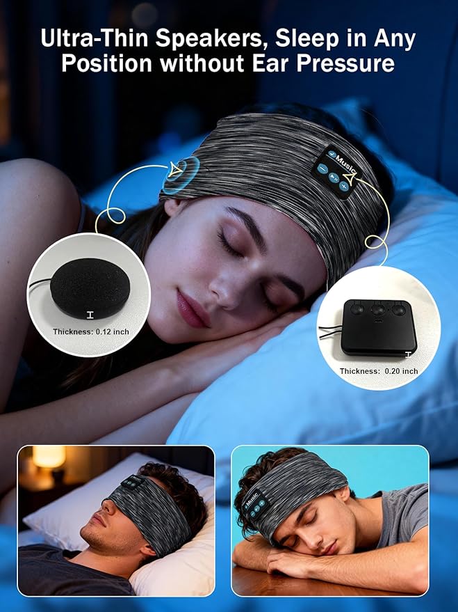 Sleep Headband Headphones,Bluetooth Headbands with Ultra-Thin Speakers for Side Sleepers, Sleep Mask, Wireless Music Headband for Running, Yoga, Travel & Meditation, Ideal Gift for Men Women Teens