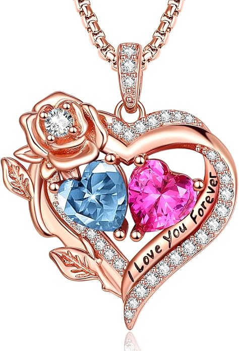 Rose Heart Necklaces for Women, Rose Gold Forever Love Jewelry with 2 Birthstones Pendant, Christmas Anniversarry Birthday Gifts for Her Wife Mom Grandma, 18+2 Inch Chain
