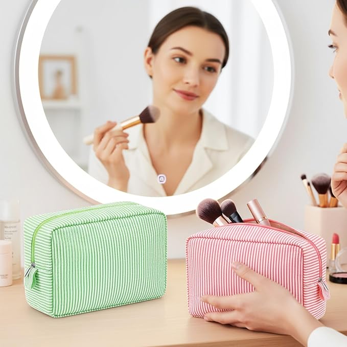 Sanwuta 3 Pcs Seersucker Cosmetic Bag Seersucker Makeup Bag Women Stripe Large Travel Toiletry Organizer Preppy Storage Pouch for Embroidery Christmas Bridesmaid Gifts(Pink, Blue, Green)