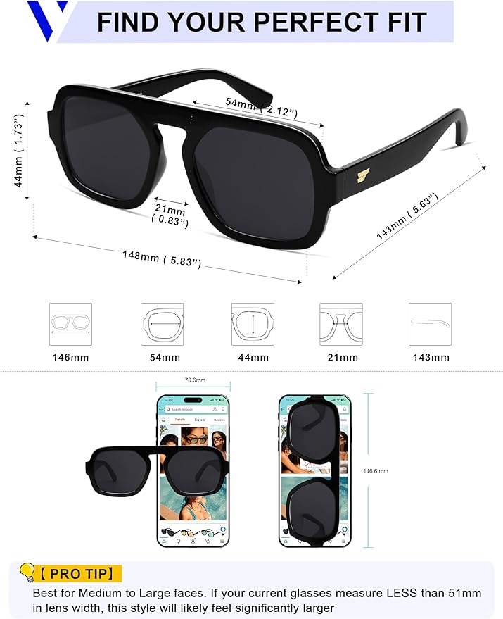 VANLINKER Oversized Retro Square Aviator Sunglasses for Women Men 70s Vintage Style Trendy Big Flat Top Sun Glasses VL9826