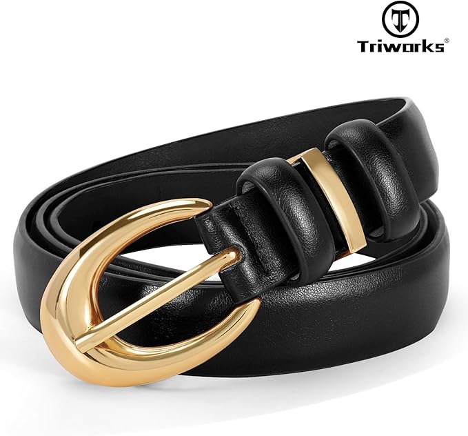 TRIWORKS Women Leather Belt for Jeans Pants Fashion Ladies Skinny Faux Leather Dress belt with Gold Buckle