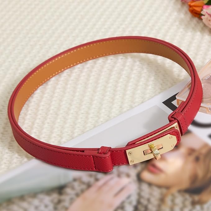 Skinny Leather Belts for Women with Adjustable Silver Turn-Lock Buckle for Dresses Jeans and Pants