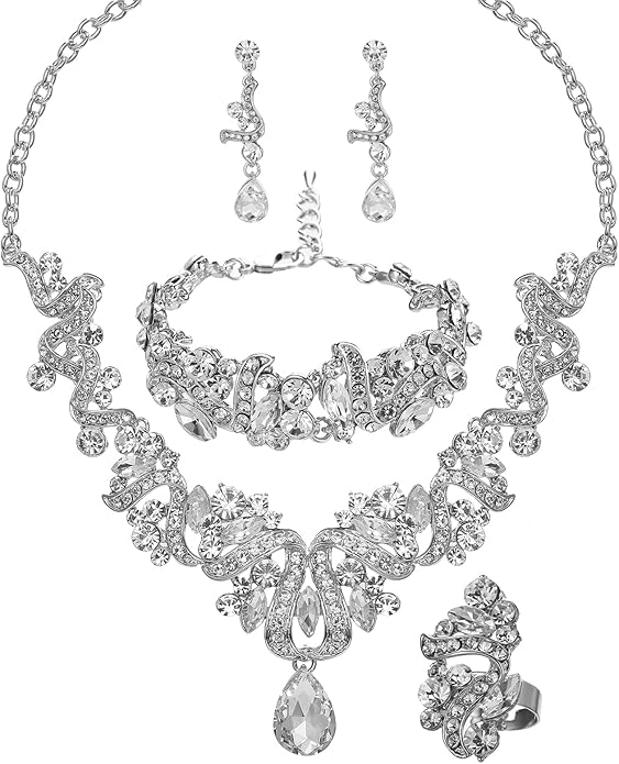 Jewelry Set for Women, Statement Necklace Dangle Earrings Bracelet Ring, White/KC Gold Plated Jewelry Set with Rhinestone Pearl Crystal Wedding Party Jewelry for Bridal Bridesmaid