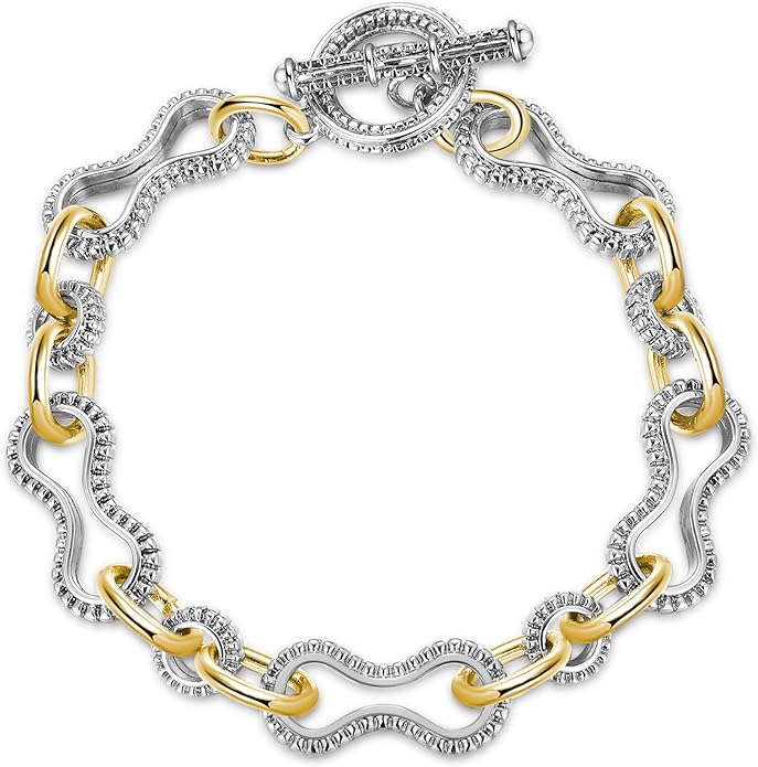 Mytys Chunky Chain Link Bracelet Two-Tone Mixed Metal Textured Toggle Clasp Statement Bangle Bracelet Jewelry for Women Fashion