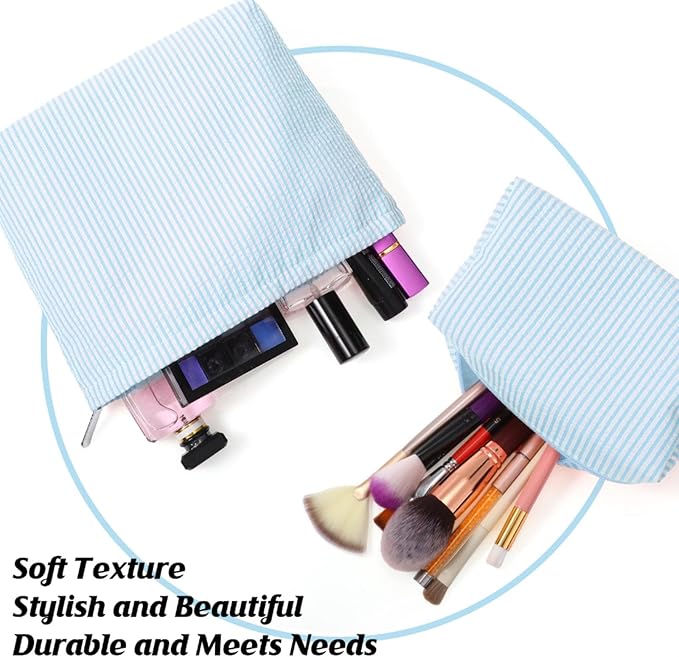 2 Pieces Makeup Bag Set Cute Cosmetic Pouch for Women Seersucker Travel Toiletry Bag Preppy Small Makeup Purse Pouch Aesthetic Skincare Brushes Storage Organizer for Christmas Women(Light Blue)