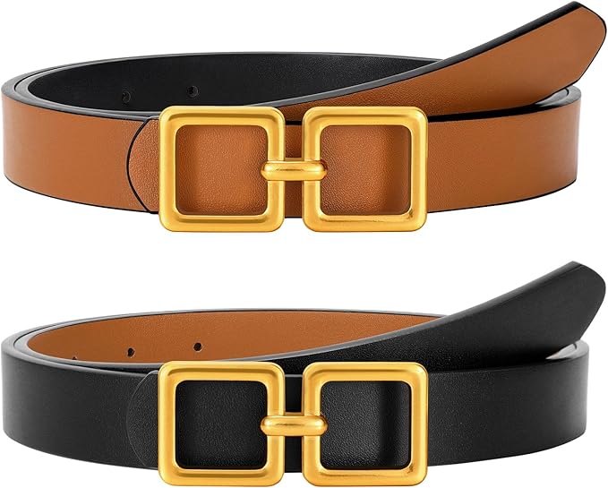 Reversible Genuine Leather Belt for Women - Gold Buckle for Jeans & Dresses