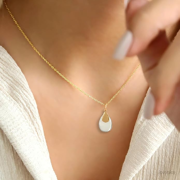 Jojomina Mixed Metal Necklace Gold and Silver Two Tone Jewelry for Women Dainty Teardrop Pendant Necklaces for Mom