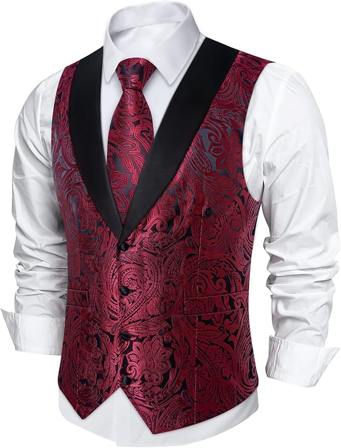 DiBanGu Mens Paisley Suit Vest Silk Jacquard Waistcoat and Necktie Set Formal Shawl Collar Dress Vest 7PCS for Wedding Party