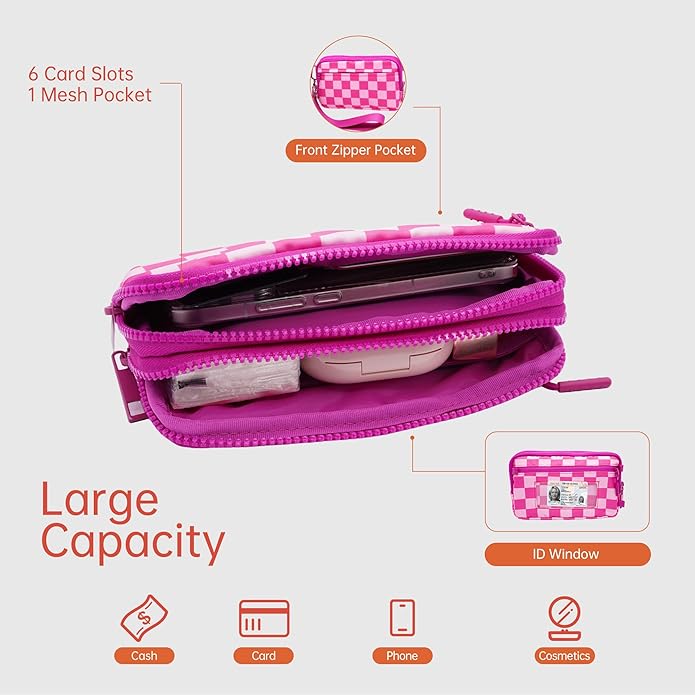 Wristlet Wallets for Women Checkered Nylon Quilted Wallet Travel Crossbody Bags with 4 Zippers Coin Card Phone Holder