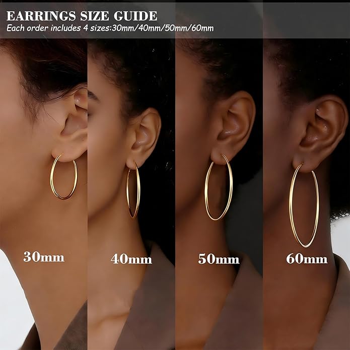 4/5/6 Pairs Stainless Steel 30/40/50/60/70 mm Silver 14K Gold Hoop Earrings for Women Hypoallergenic Big Thin Lightweight Dangle Set