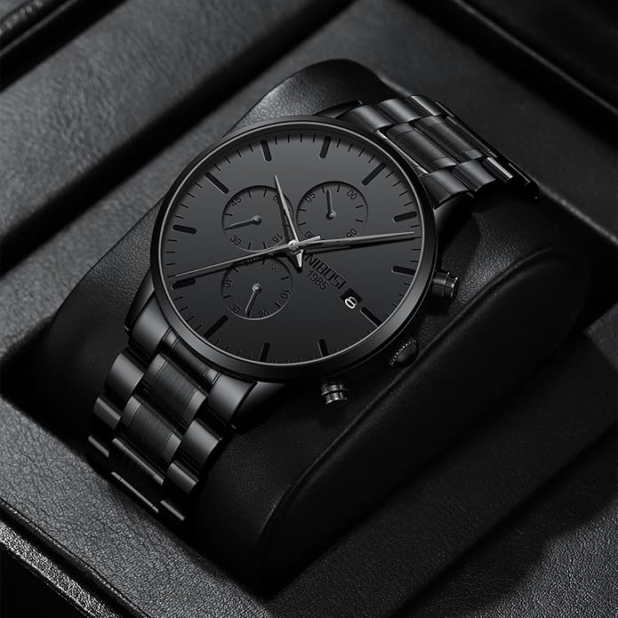NIBOSI Men's Watches Analog Minimalist Black Dial Watches for Men Business Chronograph Military Casual Wrist Watches Stainless Steel Strap Date