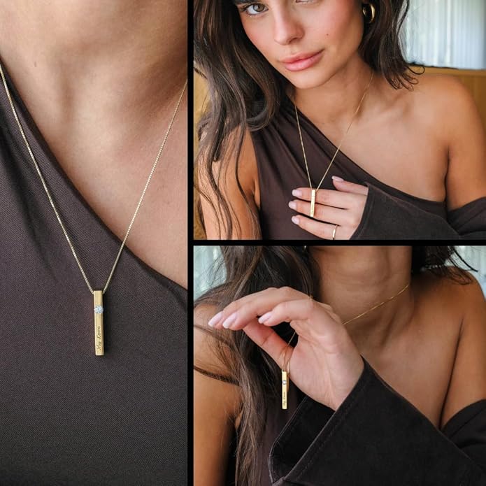 OAK & LUNA - Personalized Pillar Bar Necklace with Diamond Options - Custom Inscription Engraved Pendant - Up to 4 Names - Jewelry Gift for Women, Her, Mother For Mother's Day, Christmas