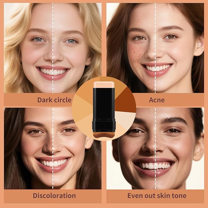 Concealer Foundation Stick, 2-in-1 Long-Lasting Foundation and Concealer with Brush, Creamy Full Coverage for Dark Circles & Blemishes, Hydrating Olive & Camellia, 2.09 Oz (05#)