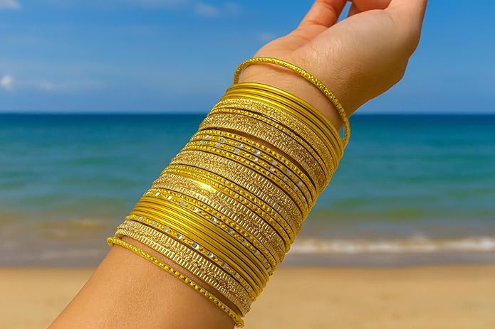 Touchstone Indian Metal Bangles for Women Gold Alloy Bracelets desi 2 Dozen Bangle Collection Bollywood Women's Jewelry Set Multi Stacking Wide Chunky Textured Golden Set of 24 in Gold or White Tone