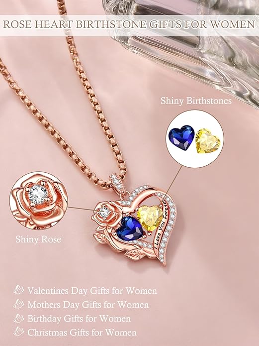 Rose Heart Necklaces for Women, Rose Gold Forever Love Jewelry with 2 Birthstones Pendant, Christmas Anniversarry Birthday Gifts for Her Wife Mom Grandma, 18+2 Inch Chain