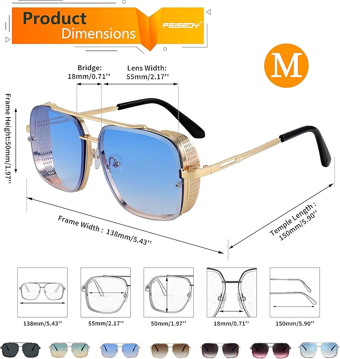 FEISEDY Sunglasses Mens Women Vintage Pilot Square Trendy Metal Steampunk Fishing Driving Sun Glasses B2894