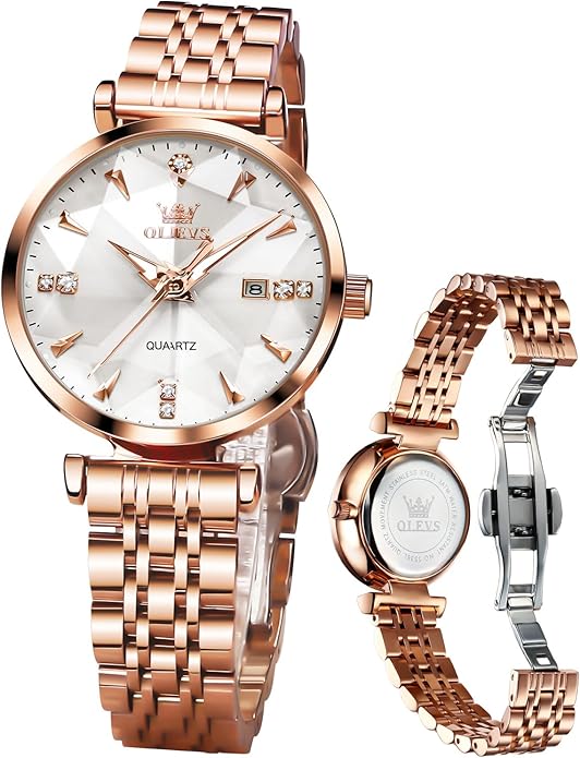 OLEVS Women Watches Simple Dress Ladies Watch Rose Gold Stainless Steel Watch Waterproof Quartz Date Luxury Diamond Small Wristwatch Fashion Analog Female Reloj Mujer Blue White Green Red Yellow Face