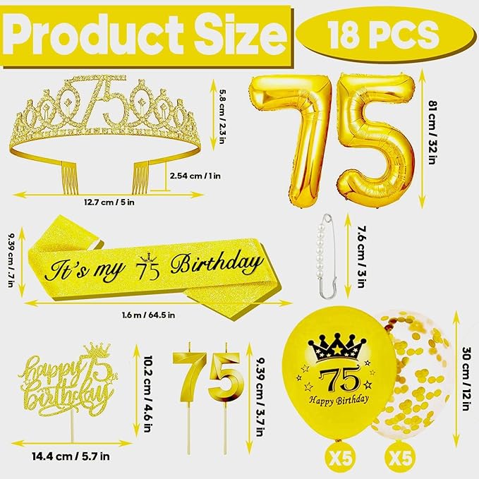 75th Birthday Decorations for Her Girls Set, Include 75th Birthday Crown and 75 Sash, 75th Birthday Cake Topper and 75 Birthday Candles, Gold 75 Balloons, Women 75th Party Supplies(Gold)
