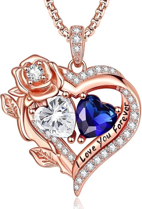 Rose Heart Necklaces for Women, Rose Gold Forever Love Jewelry with 2 Birthstones Pendant, Christmas Anniversarry Birthday Gifts for Her Wife Mom Grandma, 18+2 Inch Chain