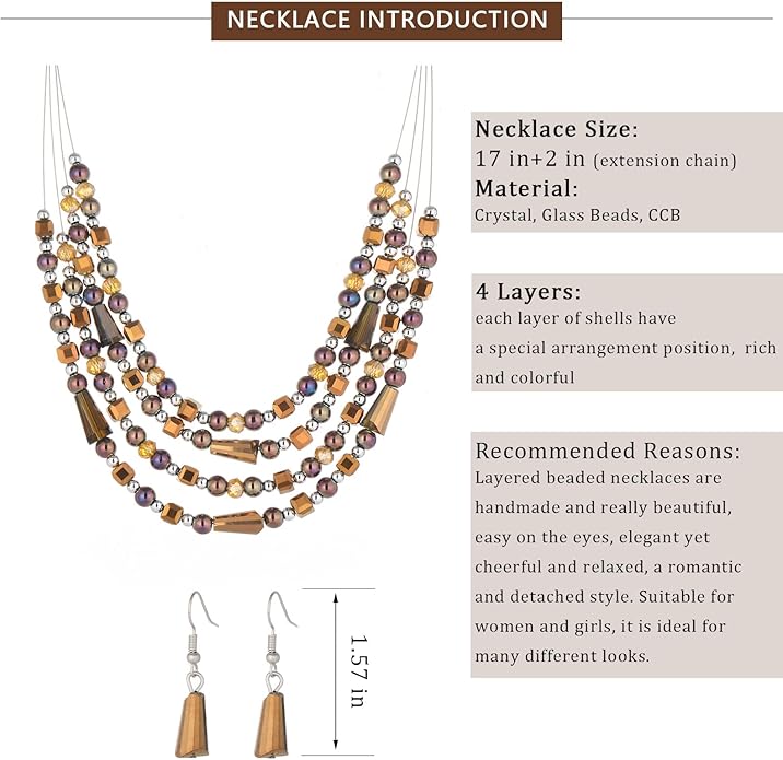 Layered Beaded Statement Necklace Multi Strand Crystal Beads Collar Necklace and Earring Sets for Women Fashion Costume Jewelry Set Gifts for Her