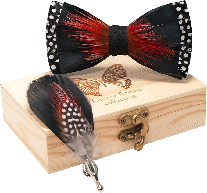 RBOCOTT Handmade Feather Pre-tied Bow tie and Brooch Sets for Men