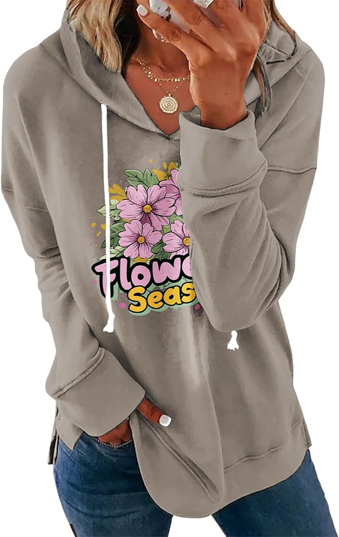 Womens Casual Loose Fit Pullover Sweatshirt with Artistic Print Drawstring Hood Long Sleeve Cotton Blend for Fall