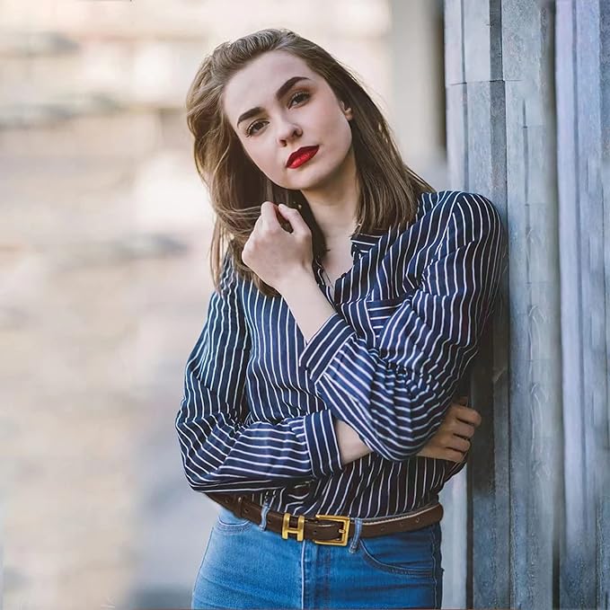Women's Fashion Classic Metal Buckle Leather Belt with Jeans Dress