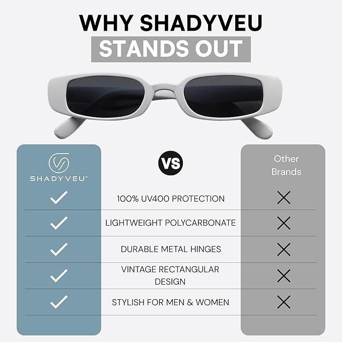 ShadyVEU Slim Classic Rectangular Sunglasses UV Protection 90’s Vintage Small Wide Retro Frame Fashion Shades