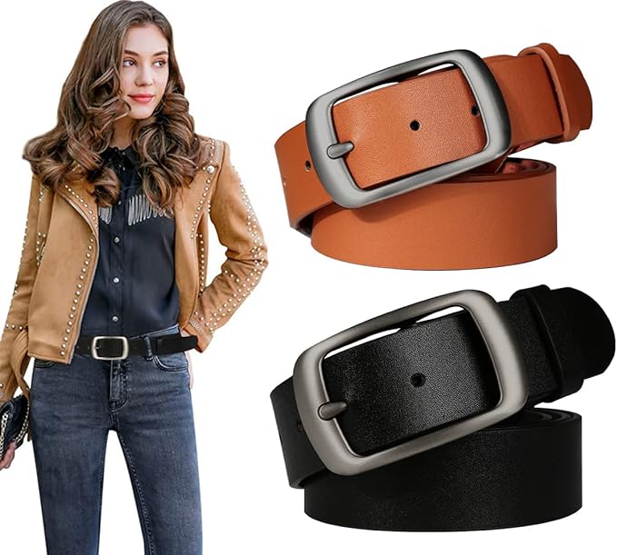 Ssumday 2 Pack Women's 1.3" Leather Belt for Jeans Pants Dresses with Retro Alloy Buckle