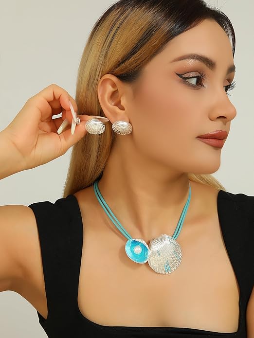 Chunky Statement Jewelry Set Blue Ocean Seashell Choker Necklaces Earrings Set for Women Pearl Bib Collar Necklaces for Party Prom Pageant Summer Fashion Jewelry Unique Birthday Gift