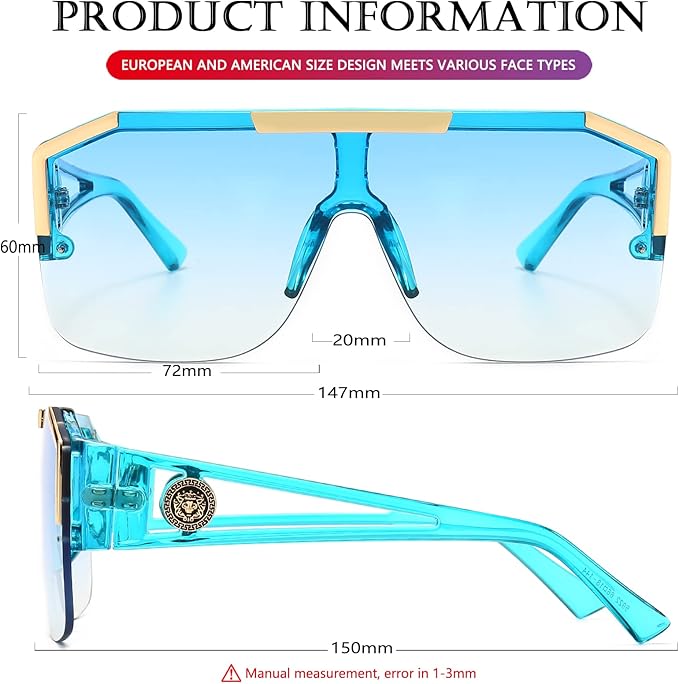 AIEYEZO Square Oversized Sunglasses Flat Top Shield Sun Glasses for Men Women One Lens Square Shades