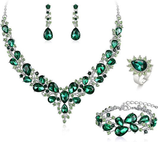 BriLove Wedding Bridal Jewelery for Women Austrian Crystal Teardrop Cluster Statement Necklace Dangle Earrings Link Bracelet Set