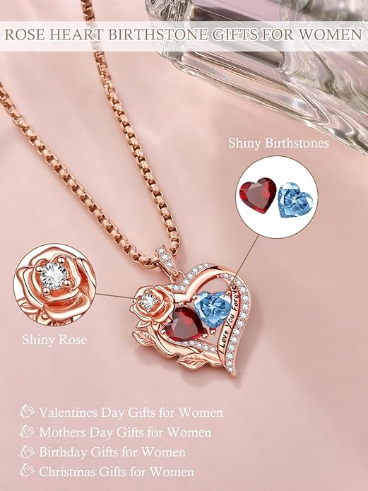 Rose Heart Necklaces for Women, Rose Gold Forever Love Jewelry with 2 Birthstones Pendant, Christmas Anniversarry Birthday Gifts for Her Wife Mom Grandma, 18+2 Inch Chain