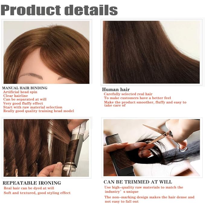 Mannequin Head with 100% Human Hair, SZCY LLC 18" Dark Brown Real Hair Cosmetology Mannequin Head Hair Styling Hairdressing Practice Training Doll Heads with Clamp Holder and Tools