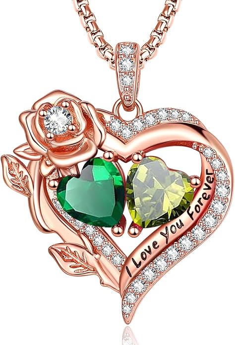 Rose Heart Necklaces for Women, Rose Gold Forever Love Jewelry with 2 Birthstones Pendant, Christmas Anniversarry Birthday Gifts for Her Wife Mom Grandma, 18+2 Inch Chain