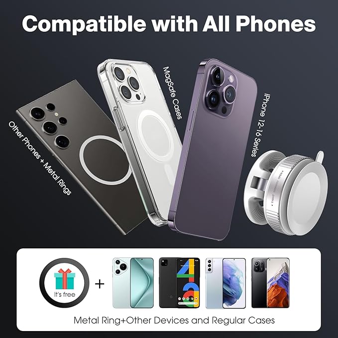 Vacuum Magnetic Suction Phone Holder, Foldable and Retractable Hands-Free Suction Cup Phone Mount for Car/Gym/Mirror/Smooth Surface, Compatible with iPhone Android and All Smartphones (White)