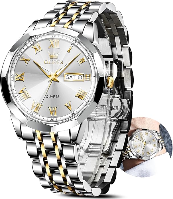 OLEVS Classic Men Watches with Date,Stainless Steel Man Watch with Date, Bussiness Watches for Men,Luminous Quartz Mens Watches Black/White/Blue/Gold, Waterproof Male Watch with Week